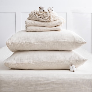 Washed Muslin Fitted Sheet, Organic Muslin Fitted Bed Sheet, GOTS Certified Cotton Bedding, Breathable Cotton Sheet, King, Queen Size Fitted