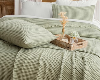 Sage Green Waffle Cotton Blanket, Organic Turkish Bedspread Queen King, GOTS Certified Bedding Gift