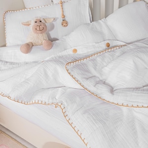 Organic Muslin Toddler Duvet Cover Set, Wide Crib Duvet Cover, Ikea Baby Cot Bed Size, Handmade Crochet Edge, Cotton Baby Bedding Set