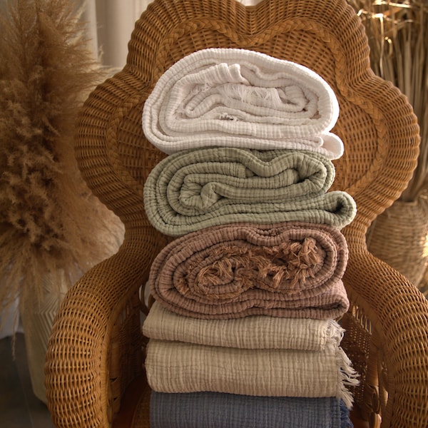 Soft Organic Cotton Gauze Blanket, Muslin Full Size Quilt, Oversized Reversible Coverlet