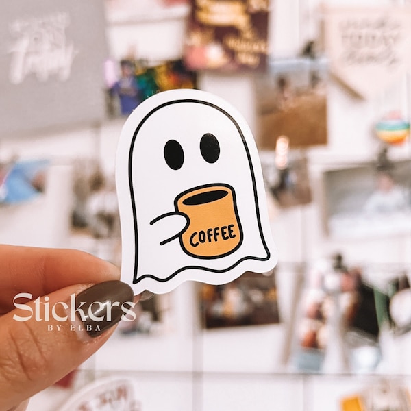 Ghost with Coffee Sticker. Ghost Sticker. Spooky Ghost Sticker