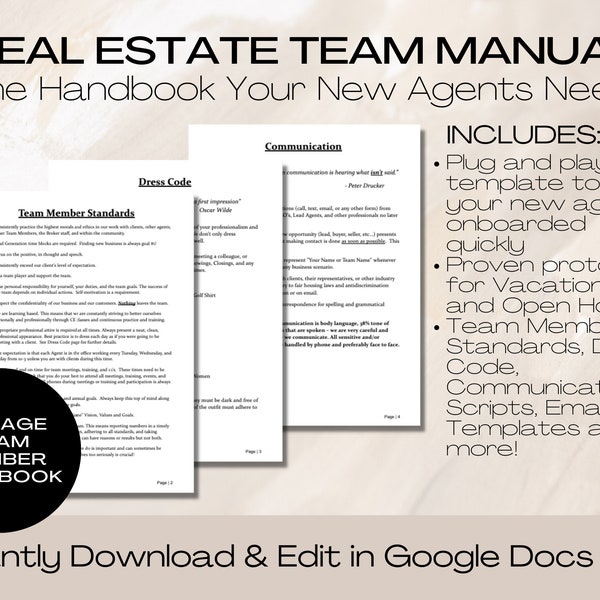 Real Estate Team Handbook | Real Estate Business Manual Template | Instant Download Google Docs for Real Estate Teams | Team Lead Handbook