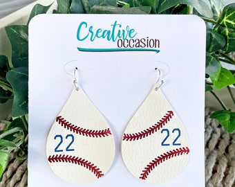 Faux Leather Teardrop Earrings | Baseball Mom Jewelry | Customized with Number | Faux Leather and HTV | Lightweight Dangle Earrings