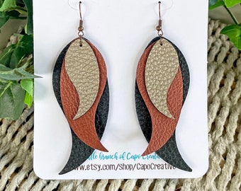 Faux Leather Earrings | Fall Jewelry | Triple Layer Leaves | Gold, Bronze, Black | Custom Colors | Lightweight Dangle Earrings