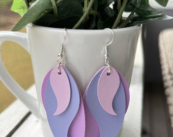 Faux Leather Earrings | Spring Jewelry | Triple Layer Leaves | Pastels | Mixed Media | Custom Colors | Lightweight Dangle Earrings