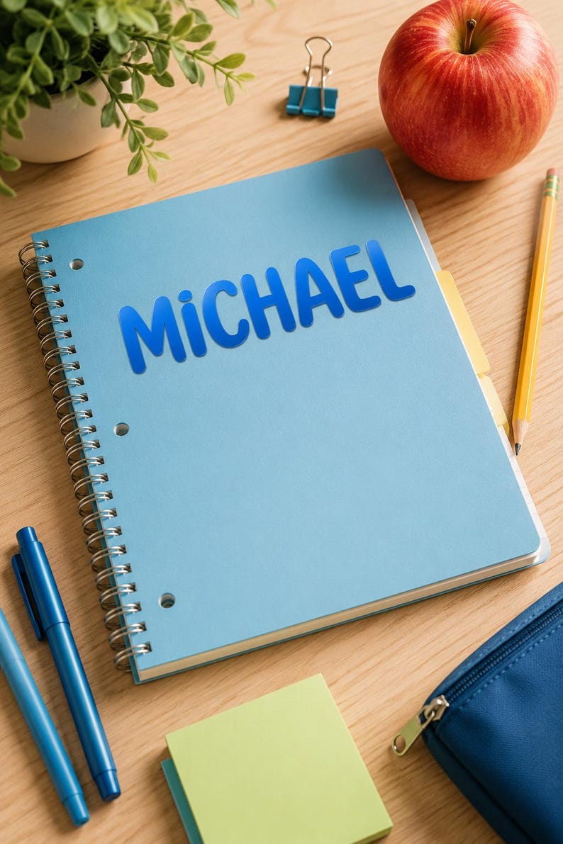 May include: A light blue spiral-bound notebook with the name MICHAEL printed in bold blue letters on the front cover. The notebook features three punched holes along the left side and is positioned alongside two blue pens, a yellow pencil, and a red apple.