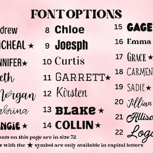 May include: A list of 22 font options displayed in black text on a light pink background. The list includes names such as Andrew, MiCHEAL, JENNIFER, Beth, Morgan, Sabrina, ANGIE, Chloe, Joesph, Curtis, GARRETT, Kirsten, BLAKE, COLLIN, GAGE, Emma, GRACE, CARMEN, SADIE, Jillian, Allison, and Logan.