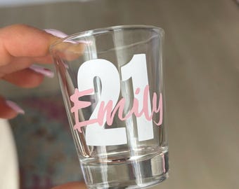 Personalized 21st Birthday Shot Glass, Pink Name Vinyl Decal