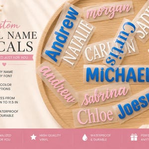 May include: Custom vinyl name decals in various fonts and colors including blue, white, and pink. The text includes names like Andrew, Natalie, Curtis, Michael, Sabrina, Chloe, and Joesph. The image displays text options, 21 color choices, and sizes from 2 inches to 11.5 inches.