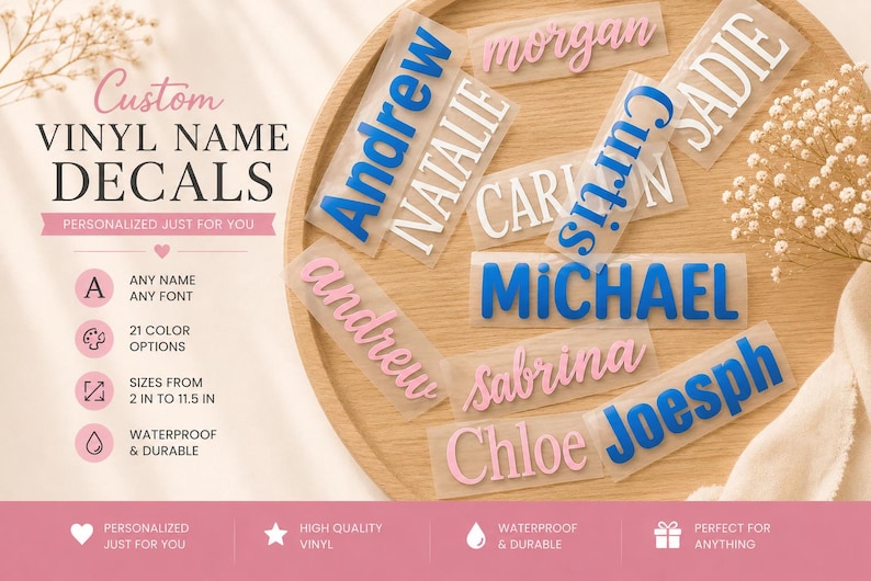 May include: Custom vinyl name decals in various fonts and colors including blue, white, and pink. The text includes names like Andrew, Natalie, Curtis, Michael, Sabrina, Chloe, and Joesph. The image displays text options, 21 color choices, and sizes from 2 inches to 11.5 inches.