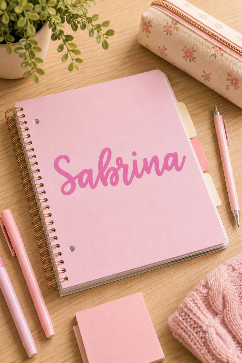 May include: A light pink spiral-bound notebook featuring the name Sabrina printed in a dark pink script font on the front cover. The notebook includes several colored tabbed dividers along the side and is bound with a gold-toned metal coil.