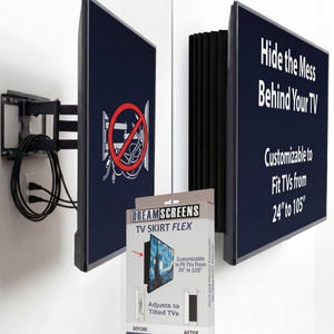 May include: A TV skirt flex product is displayed, designed to conceal cords and mounts behind a television. The product packaging shows a before and after comparison, with text indicating it fits TVs from 24 to 105 inches. The product is designed to adjust to tilted TVs.