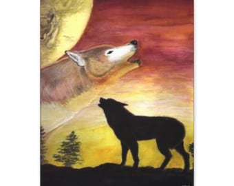 Chamando o Crepúsculo - Impressão em tela 16x20, Arte de parede de vida selvagem, Decoração de parede de lobo, Espírito animal, Montanha, Pôr do sol, Silhueta, Uivo de lobo