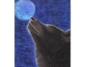 Moongazer - Impressão em tela 16x20, arte de parede de lobo, decoração de parede de vida selvagem, espírito animal, céu iluminado pela lua, lobo místico