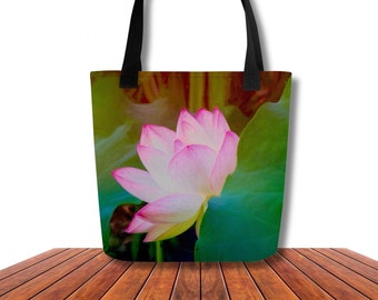 15x15 inch Large Tote Bag | Custom Photography Art Gift | All-Over Print Sublimation | Floral Boho Aesthetic | Pink Watercolor Lotus Flower