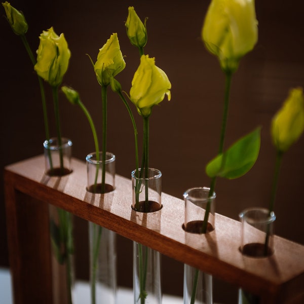 Test tube flower stand in iroko wood color