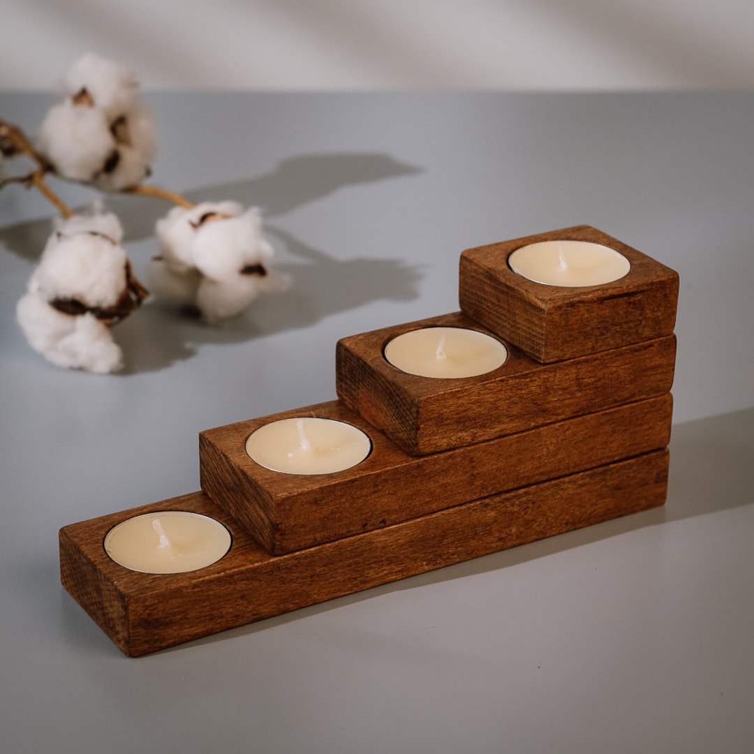 Wooden Tealight Holder Set Advent Candle in Nut Wood Color Etsy