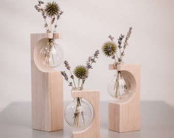 Test tube vase Wooden stand decoration Gift idea in white