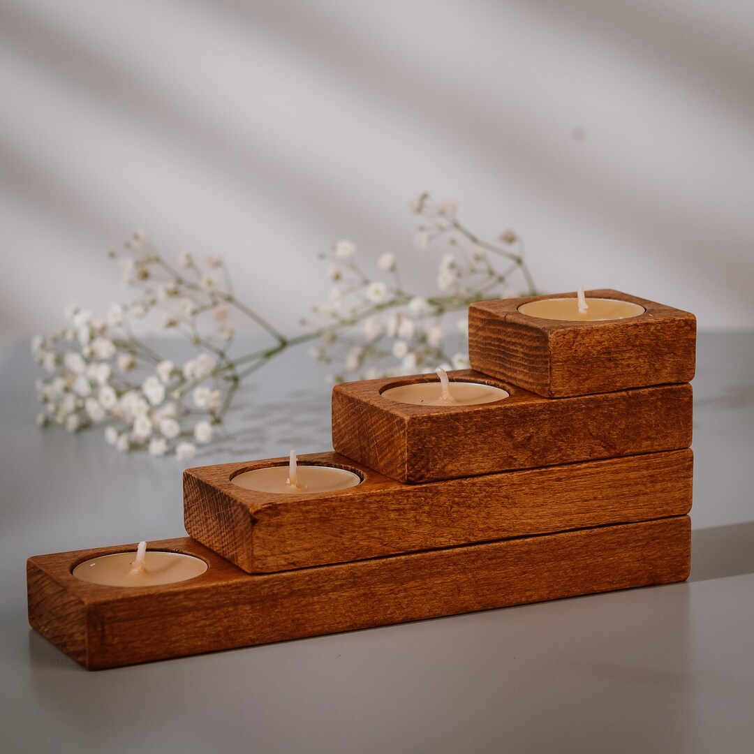 Wooden Tealight Holder Set Advent Candle in Iroko Wood Color Etsy
