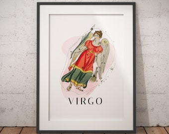 Może przedstawiać: Oprawiony wydruk artystyczny z ilustracją vintage znaku zodiaku Panny. Grafika przedstawia kobietę w czerwonej sukni ze skrzydłami anioła, na różowym tle. Słowo "VIRGO" jest wydrukowane poniżej.