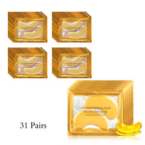 May include: Several packs of gold eye masks, each with two crescent-shaped masks. The packaging is labelled "Crystal Collagen Gold Powder Eye Mask." The image also shows the text "31 Pairs."