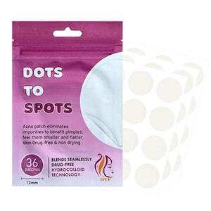 May include: A purple packet of acne patches, branded as "DOTS TO SPOTS". The packet contains 36 patches, each 12mm in diameter. The text indicates the patches eliminate impurities and benefit pimples, and are drug-free.