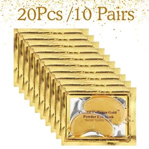 May include: A collection of gold foil sachets, each holding a Crystal Collagen Gold Powder Eye Mask. The sachets are arranged diagonally, with the text "20Pcs / 10 Pairs" at the top. The eye masks are a light gold colour.