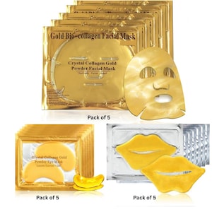 May include: An assortment of gold-coloured facial masks, eye masks, and lip masks. The packaging features text reading "Gold Bio-collagen Facial Mask" and "Crystal Collagen Gold Powder Facial Mask." The image displays multiple packs of five masks each.