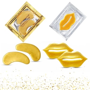 May include: An assortment of gold-coloured beauty products, including eye masks and lip masks. The eye masks are in a gold foil packet with text that reads "Crystal Collagen Gold Powder Eye Mask". The lip masks are in a silver foil packet. Two sets of gold lip masks and eye masks are also visible.
