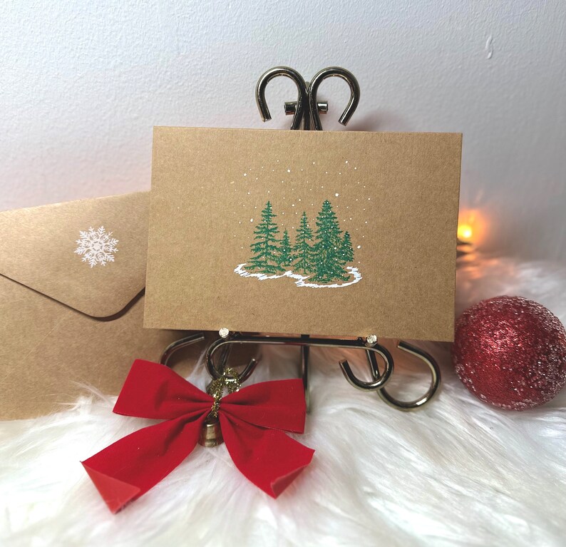Snowy Trees Handmade Christmas Cards Winter Holiday Blank Greeting Cards Hand Stamped Trees Card Pack Set of 5/10 Eco Friendly Gift image 2