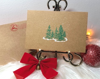 Snowy Trees Handmade Christmas Cards | Winter Holiday Blank Greeting Cards | Hand Stamped Trees Card Pack | Set of 5/10 | Eco Friendly Gift