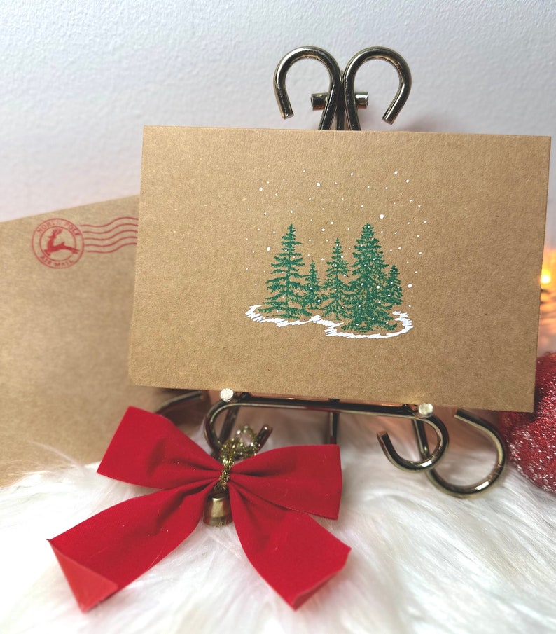 Snowy Trees Handmade Christmas Cards Winter Holiday Blank Greeting Cards Hand Stamped Trees Card Pack Set of 5/10 Eco Friendly Gift image 3