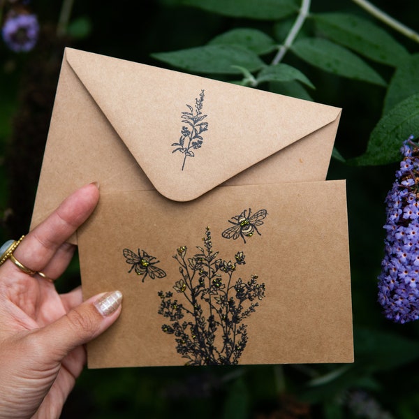 Bees & Wildflowers Handmade Note Cards | Floral Blank Greeting Cards | Hand Stamped Flower Bee Card Pack | Set of 1,5,10 | Eco Friendly Gift