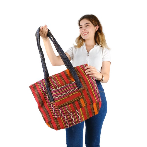 Sac cabas, sac ethnique, sac à bandoulière, cadeau pour elle, sac cabas pour maman, sac à bandoulière pour femme, sac d'étudiant, sac kilim, sac de courses, cadeau pour maman