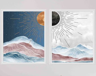 Set Of 2 Sun And Moon Wall Art, Day And Night, Mountain Desert Printable, Boho Landscape Print, Mid Century Modern Poster, Instant Download