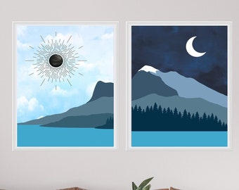 Set Of 2 Sun And Moon Wall Art, Day And Night, Mountain Desert Printable, Boho Landscape Blue, Mid Century Modern Poster, Instant Download