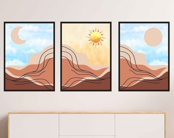 Set Of 3 Sun And Moon Wall Art, Day And Night, Mountain Desert Printable, Boho Landscape Print, Mid Century Modern Poster, Instant Download