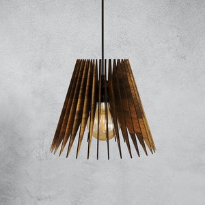 Conical Wooden Pendant Lampshade for Dining Room - Modern Wood Chandelier Light - Decorative Light Fixture to Living Room - Rustic Luminaire