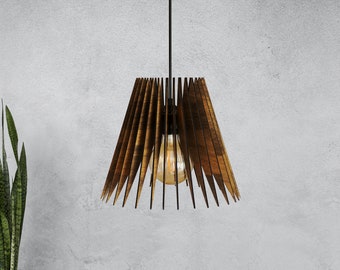 Conical Wooden Pendant Lampshade for Dining Room - Modern Wood Chandelier Light - Decorative Light Fixture to Living Room - Rustic Luminaire