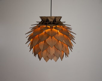 Lampe pendentif en bois moderne - Lustre moderne en forme de pomme de pin - Abat-jour de chambre - Lumière pendentif en bois -