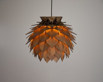 Wooden Pine Cone Modern Chandelier Lamp - Wood Pendant Light - Dining Room Lampshade - Pineapple Shape Luminaire - Round Ceiling Lighting