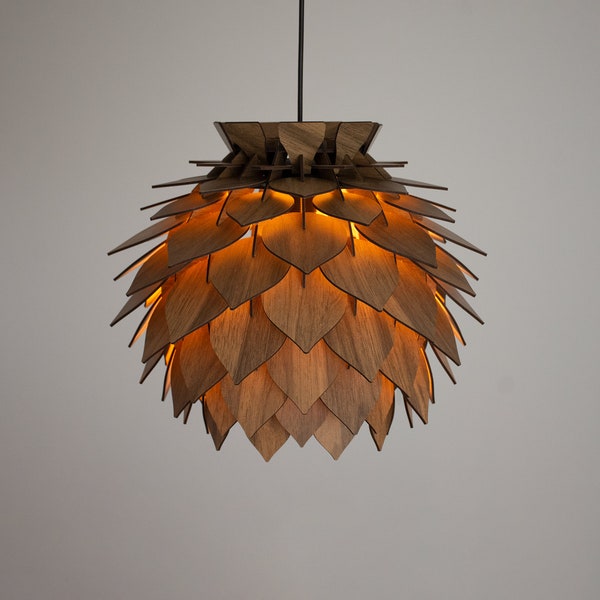 Wooden Pine Cone Modern Chandelier Lamp - Wood Pendant Light - Dining Room Lampshade - Pineapple Shape Luminaire - Round Ceiling Lighting