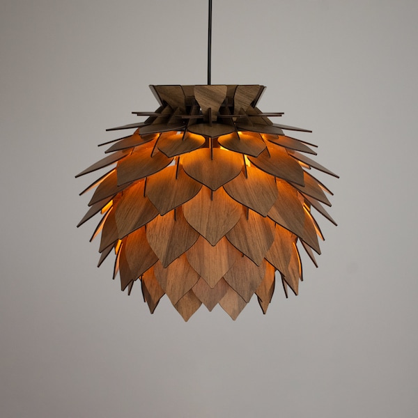 Drewniana szyszka sosnowa nowoczesna lampa żyrandolowa - lampa wisząca z drewna - abażur do jadalni - oprawa w kształcie ananasa - okrągłe oświetlenie sufitowe
