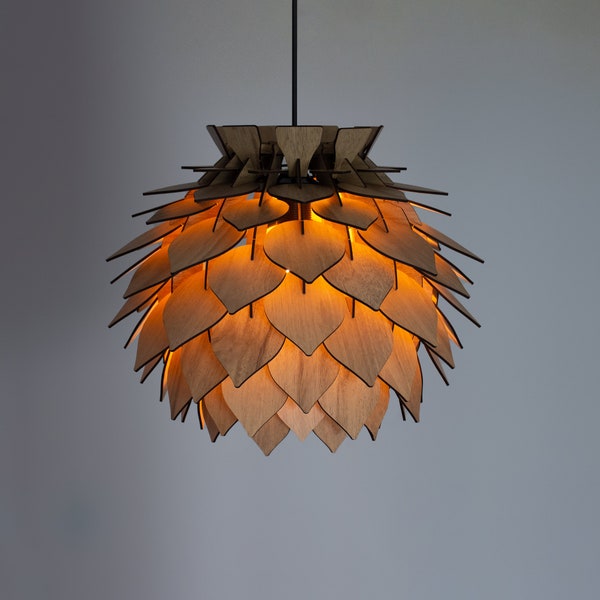 Modern Wooden Pendant Light - Round Bedroom Lampshade - Ceiling Lamp for Dining Room - Wood Hanging Lamp - Pine Cone Kitchen Lamp