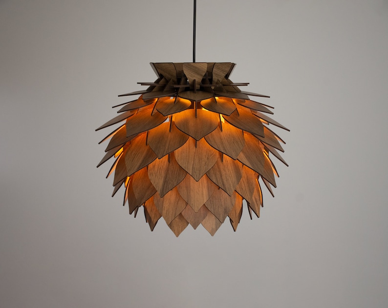 Modern Wooden Pendant Light Round Bedroom Lampshade Ceiling Lamp for Dining Room Wood Hanging Lamp Pine Cone Kitchen Lamp Walnut