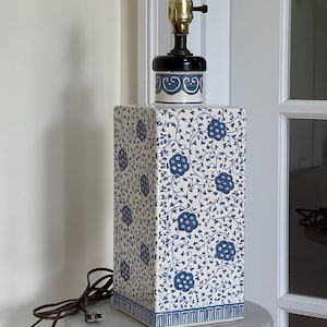 Vintage Hand-Painted Ceramic Table Lamp: Blue Floral Vine, Mid-Century Modern
