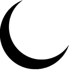 Puede incluir: Una forma de media luna negra sobre un fondo blanco. La luna es una forma sólida y curvada con extremos puntiagudos, que se asemeja a una fase lunar creciente o menguante. Imagen gráfica simple.