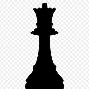 May include: A black silhouette of a chess queen piece. The queen has a crown-like top, a cylindrical neck, and a wide base. The image is a simple, graphic representation of the chess piece.