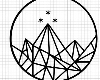 May include: A black and white geometric design featuring a mountain range within a circle, with three stars above the central peak. The design is composed of interconnected lines and triangles, creating a stylized landscape.