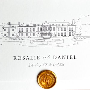 May include: Black and white line drawing of a stately building with a fountain, text that reads "Rosalie and Daniel" and "Saturday 15th August 2026", and a gold wax seal.